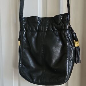 Anne Klein Black Leather Shoulder Bag with Gold Accents